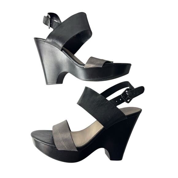Franco Sarto Georgette Sandals Wedge Heel Open Toe Black Leather Womens US 7.5M - Picture 1 of 9